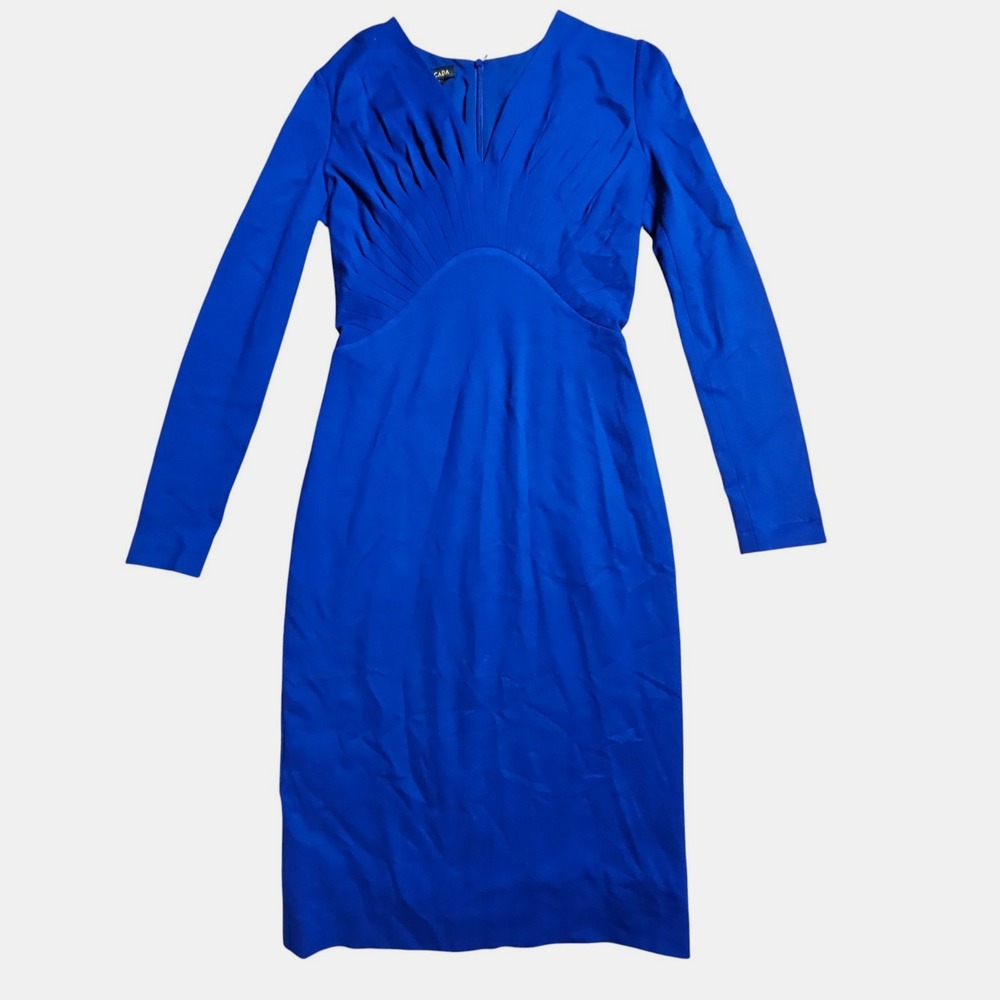 Escada‎ Long Sleeve Sheath Dress 34 Pleated V-Neck Cobalt Blue Quiet Luxury